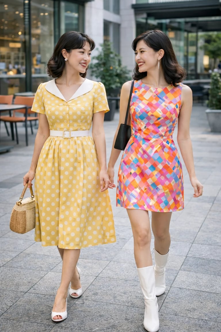 Modelos asiáticas usando roupas retrô, moda retrô, estilo retrô