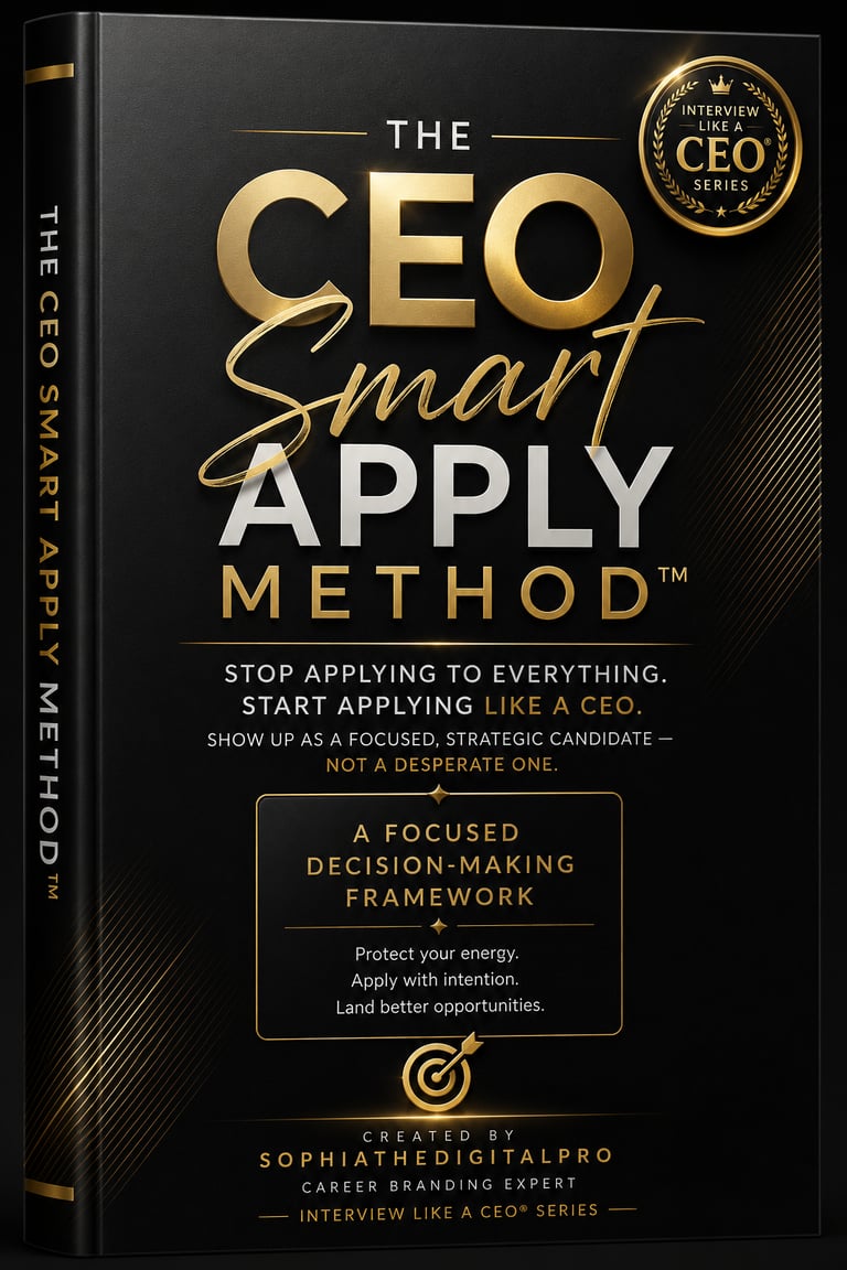 The CEO Smart Apply Method book cover featuring gold lettering on a black background for strategic career branding.