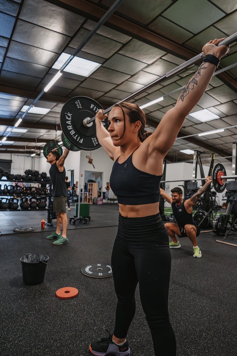 Jeune femme réalisant un exercice de Crossfit, dans sa salle de sport à Pau, au nord-est de la ville