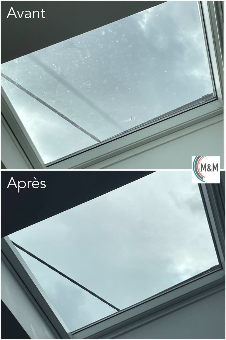 Avant après nettoyage de velux en hauteur M&M services pro Rouen
