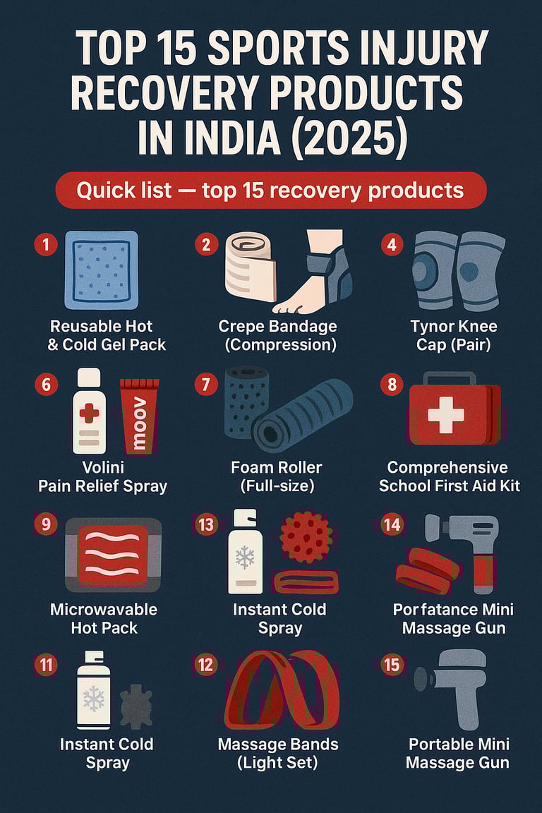 Top 15 sports injury recovery products in India 2025 – infographic showing gel packs, crepe bandage,