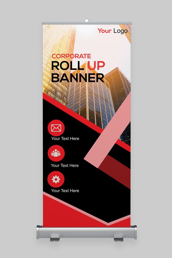 Corporate roll-up banner with urban backdrop and iconography.
