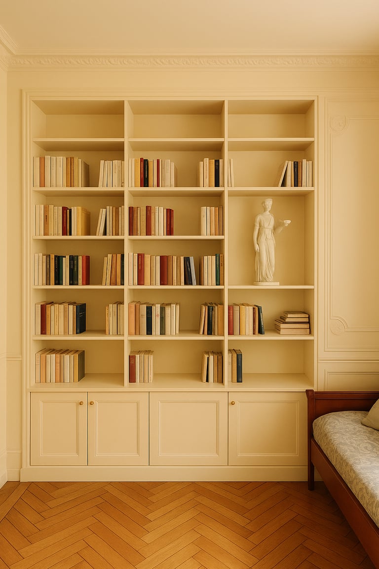 appartement Hausmannes, bibliothèque sur-mesure et moulures