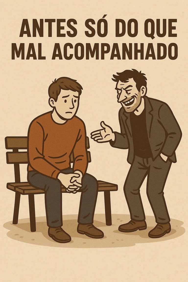 imagem mostra um cartaz com dois homens um bom e outro mal. o homem mau querendo fazer amizade.