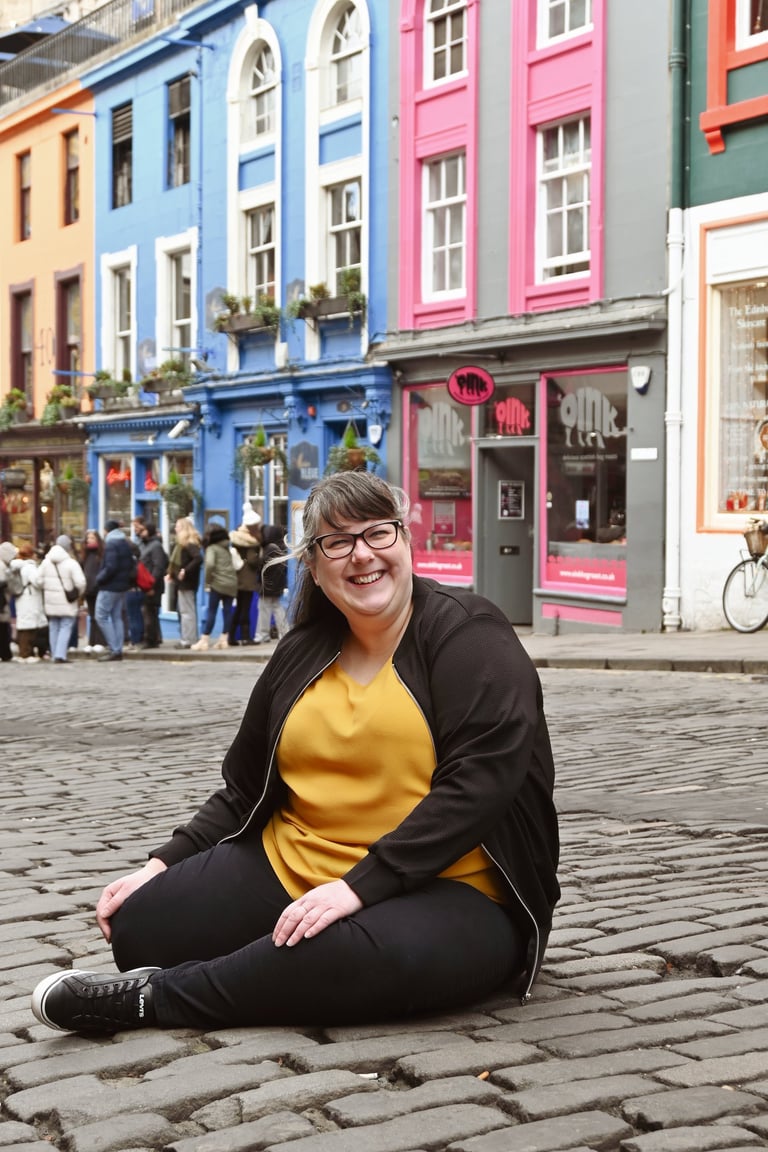 Laura is laughing at the camera sat on a cobbled street with her legs curled up under her