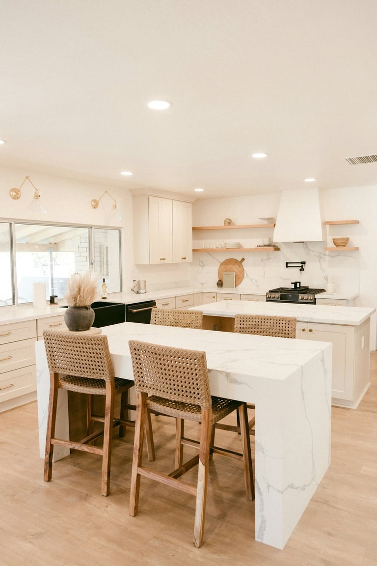 white finished modular island kitchen with breakfast counter