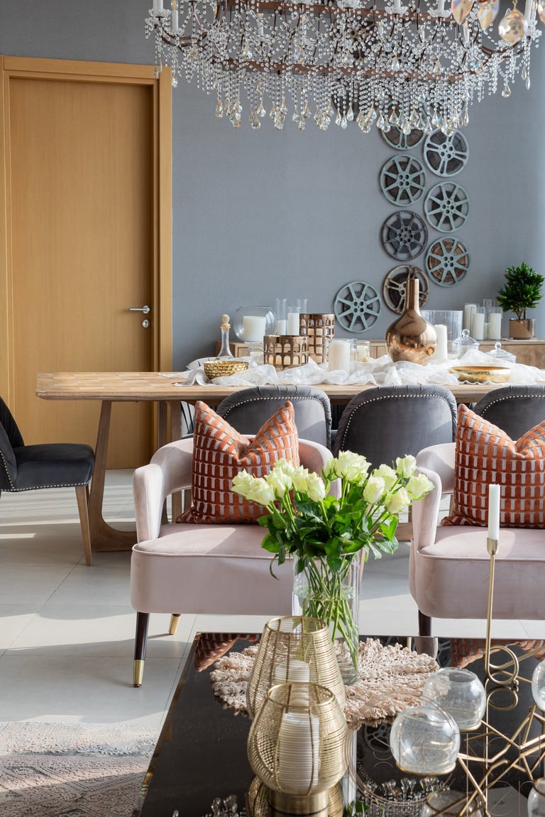 a living room with a chandelier and a chandelier,  interior design