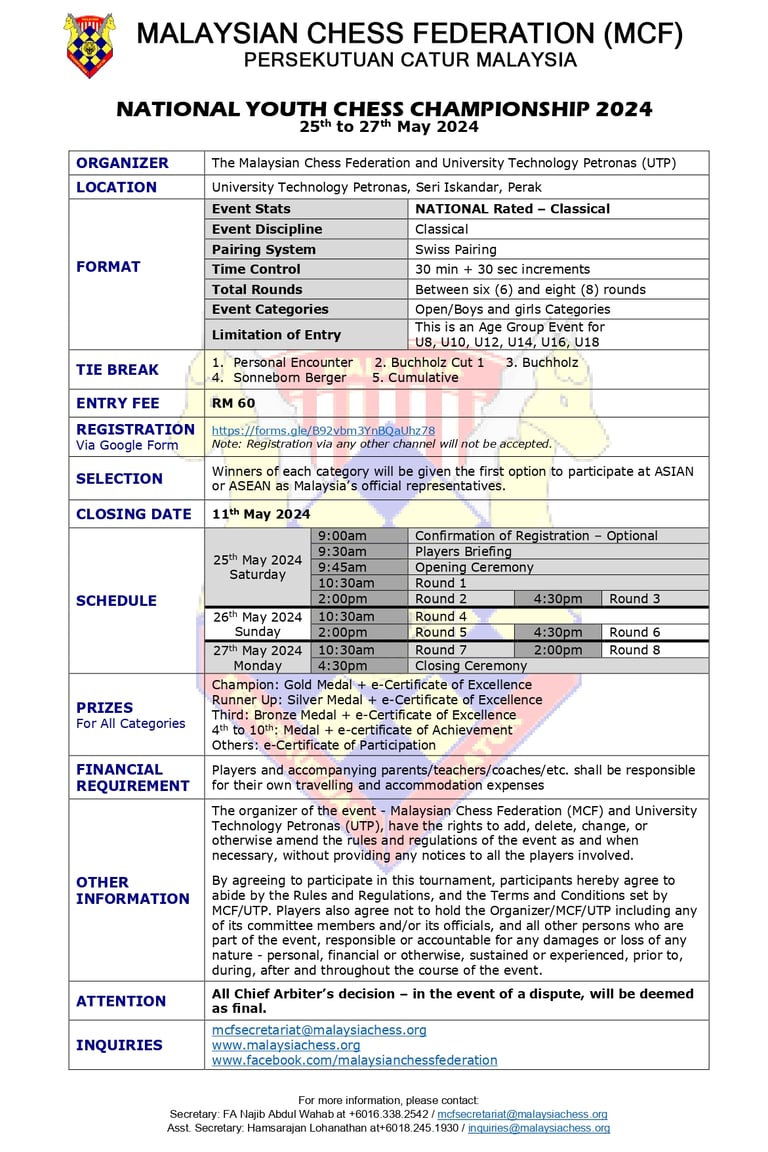 Malaysian National Youth Chess Championship 2024 Catur Malaysia Chess Tournament