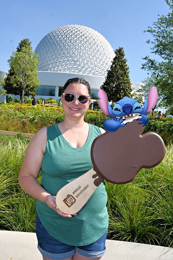Katy Kaluzny pictured in front of Spaceship Earth at EPCOT®.