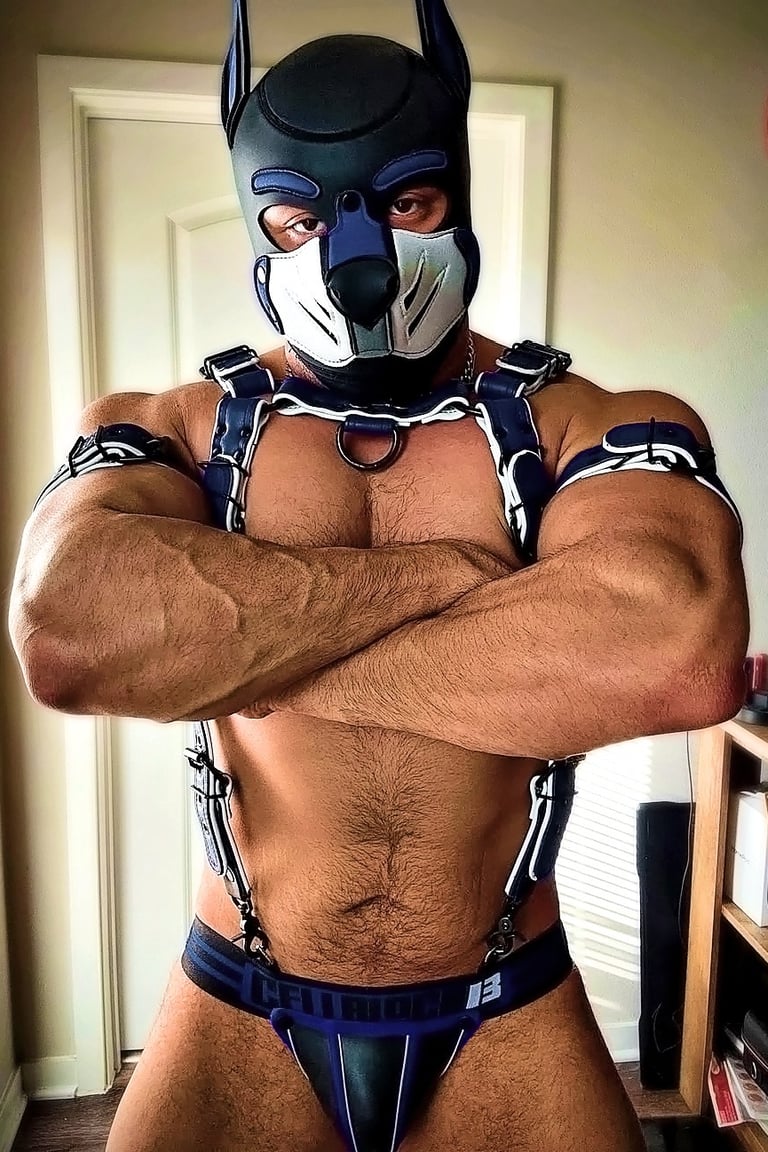 A man posing in his pup mask and harness.