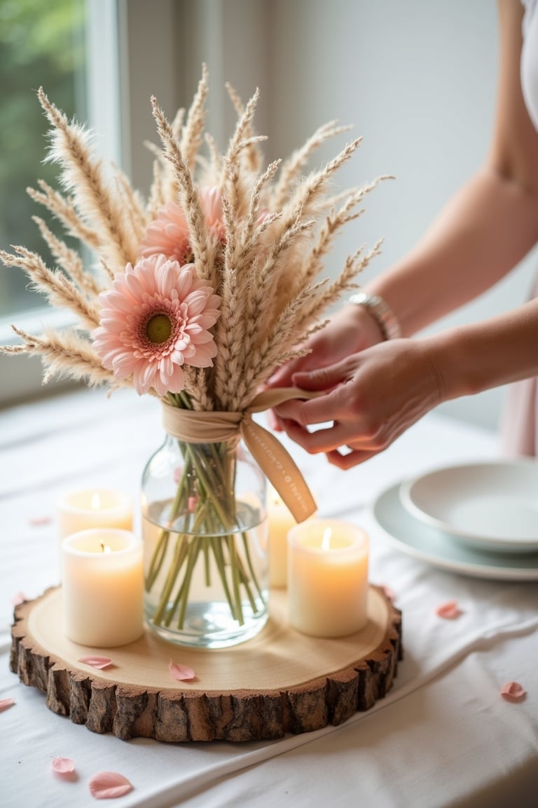 Centre de table DIY avec fleurs séchées et bougies idéal mariage