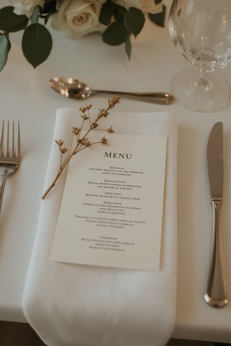 Menu et étiquette de table mariage avec détails élégants