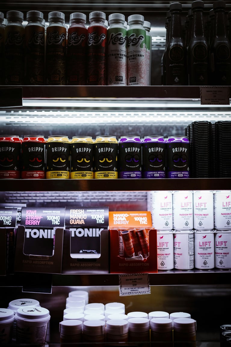 a shelf of various cannabis drinks