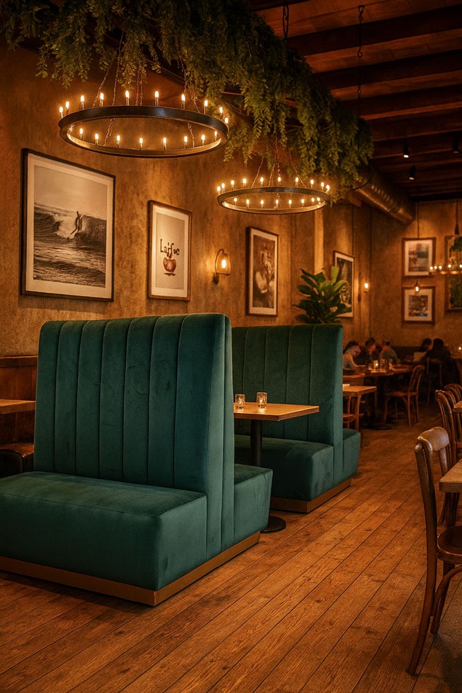 Custom green velvet banquette seating in a modern rustic restaurant with chandeliers and wood floors by Solo Home Decor.