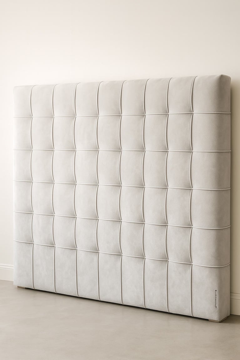 Close-up of plush grid-style upholstered wall panels showing soft texture and light shadow variation.