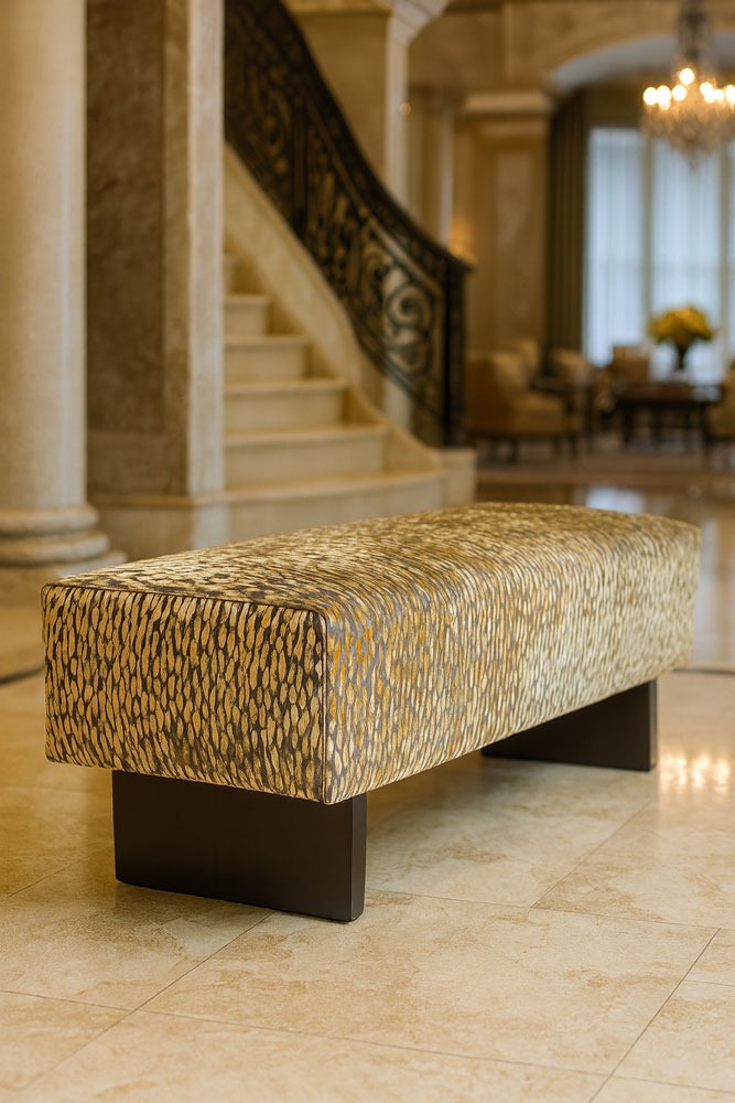Elegant upholstered entry bench with gold textured fabric and dark wood legs, handcrafted by Solo Home Decor