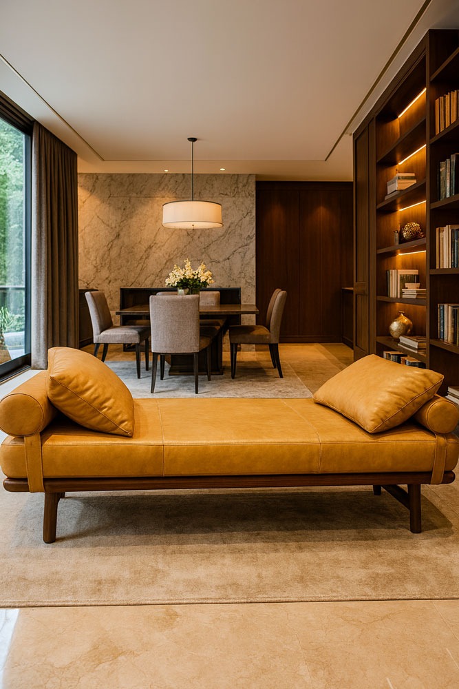 Luxury mustard leather daybed with cushions, styled in a high-end living room, custom crafted by Solo Home Decor.