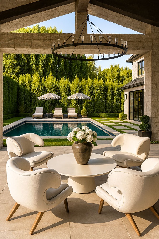 Luxurious backyard with pool featuring custom curved white armchairs by Solo Home Decor, elegant modern style