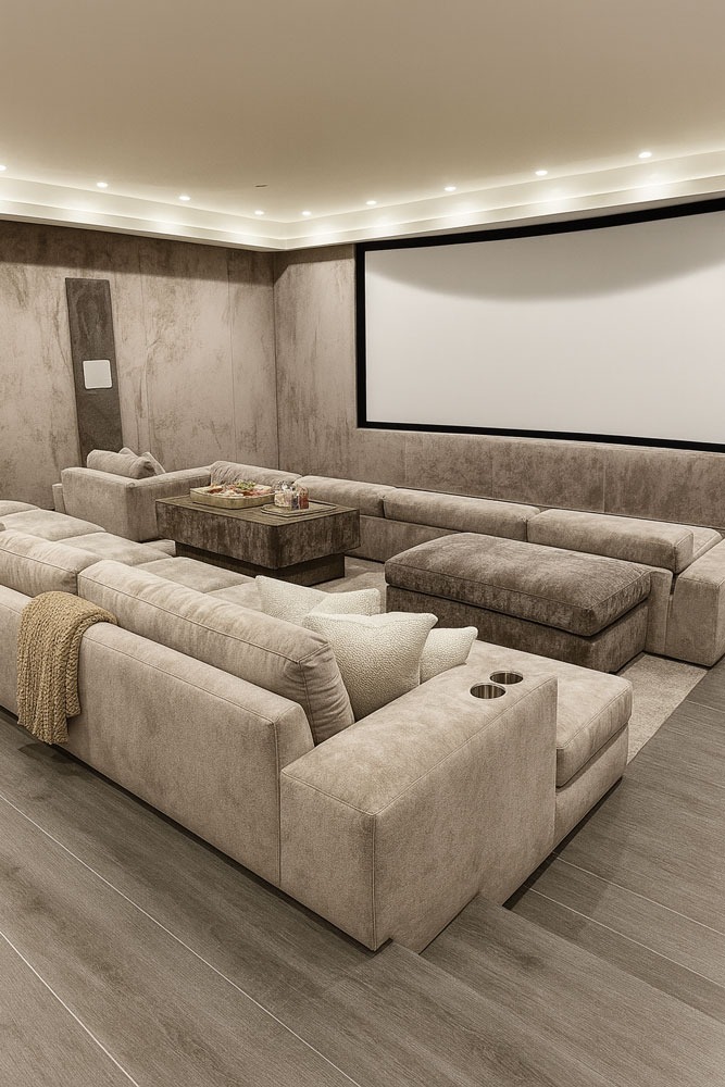Solo Home Decor luxury home theater with sectional seating, ottomans, and custom design for an elevated movie experience.