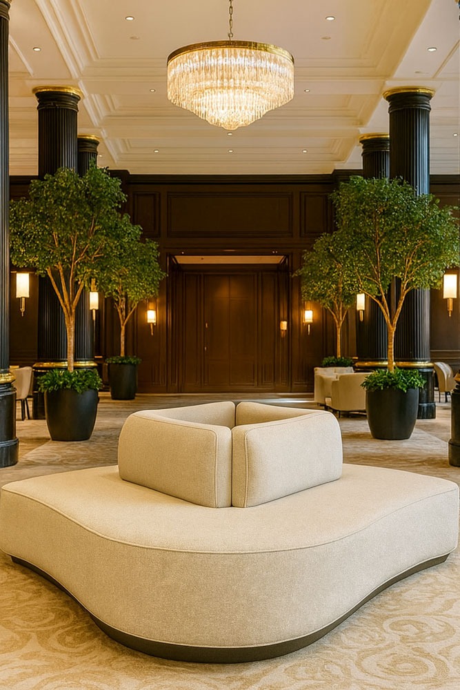 Unique wave-shaped banquette with plush beige upholstery and layered backrests, custom designed by Solo Home Décor.