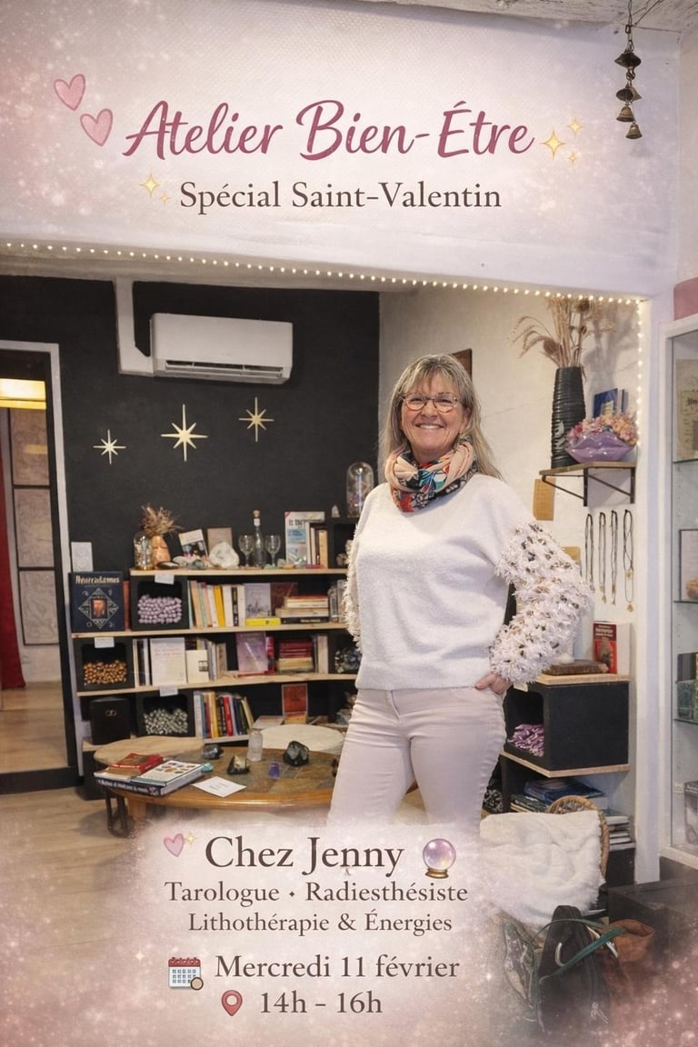 Sandrine Thibault at Arcanum Leviosa wellness workshop for Valentine's Day tarot and lithotherapy.