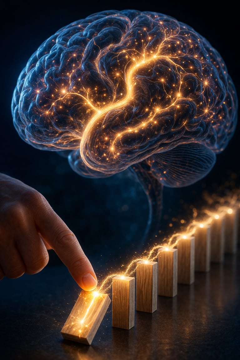 Domino cayendo conectado a un cerebro iluminado representando la formación de hábitos y nuevas conex