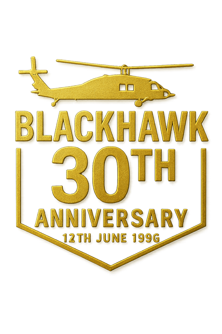 Blackhawk 30th Anniversary SASR gold emblem badge with helicopter and date text on transparent background