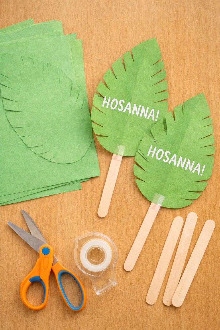 Palm Sunday palm branch craft for kids made with green paper and popsicle sticks with word Hosanna