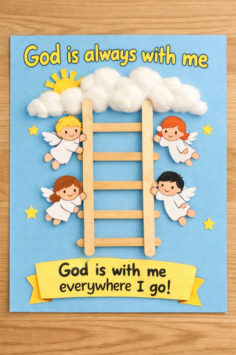 Handmade "God is always with me" craft for kids, featuring angel cutouts, a wooden ladder, and cloud embellishments, ideal