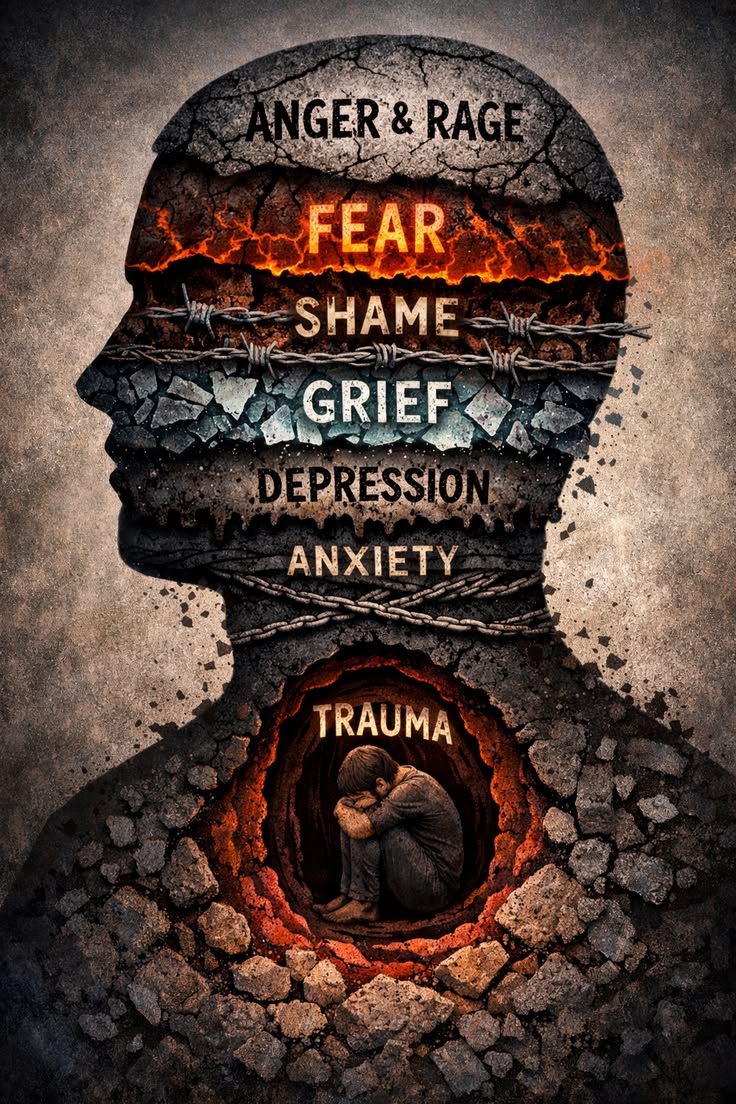 Human silhouette filled with words like fear, shame, grief, anxiety, and trauma representing emotion