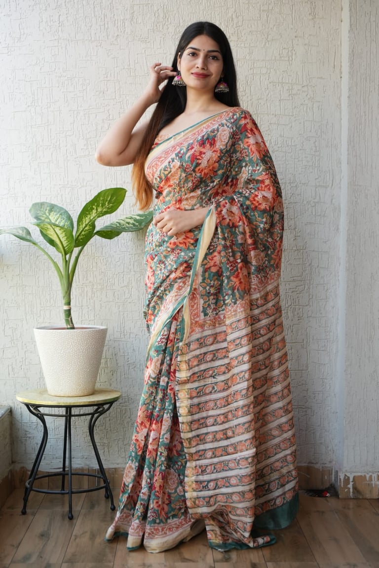 Luxury rapid print Maheshwari silk saree in contemporary traditional design