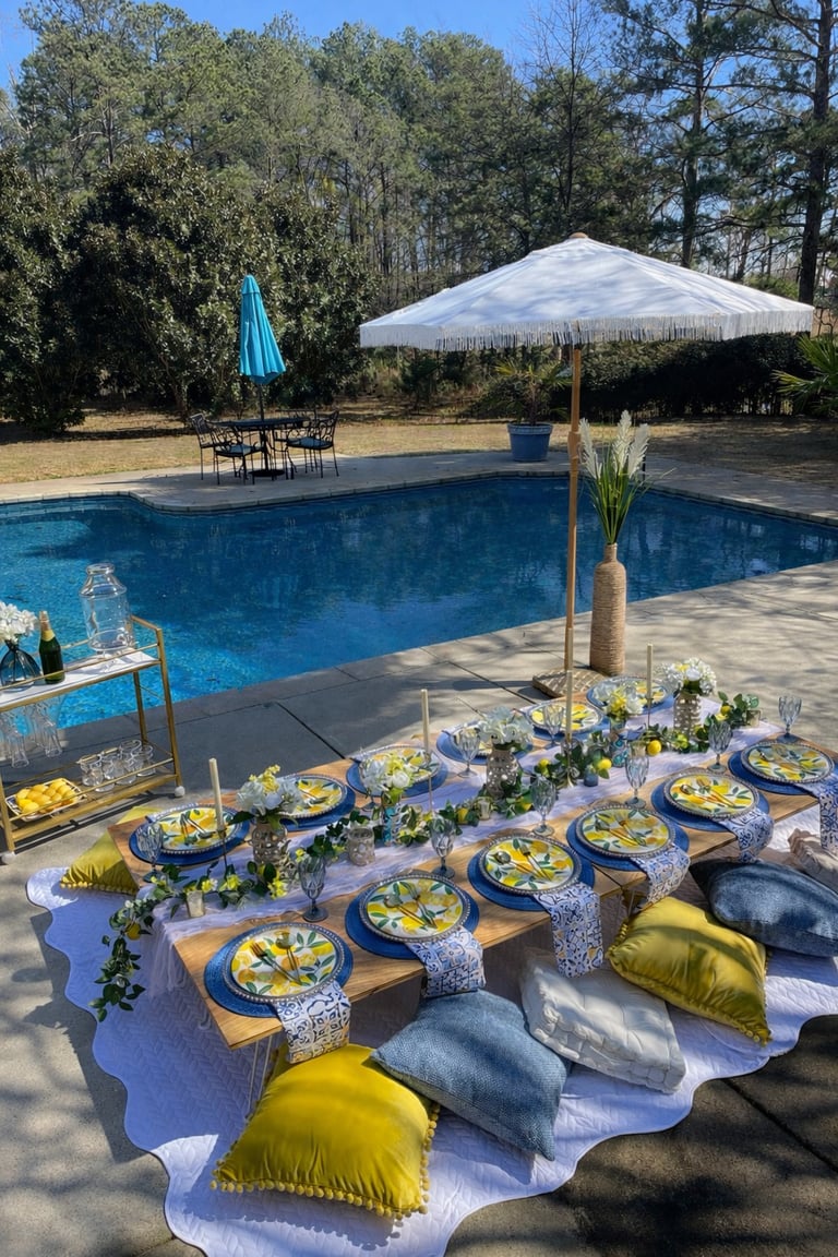 Santorini blue and white Italian lemon theme picnic by the pool Northeast Georgia garden party setup