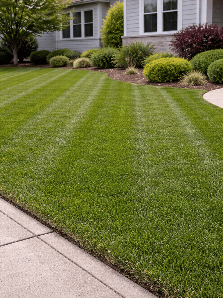 Meticulously maintained green lawn with professional striped mowing patterns beside a concrete walkway.