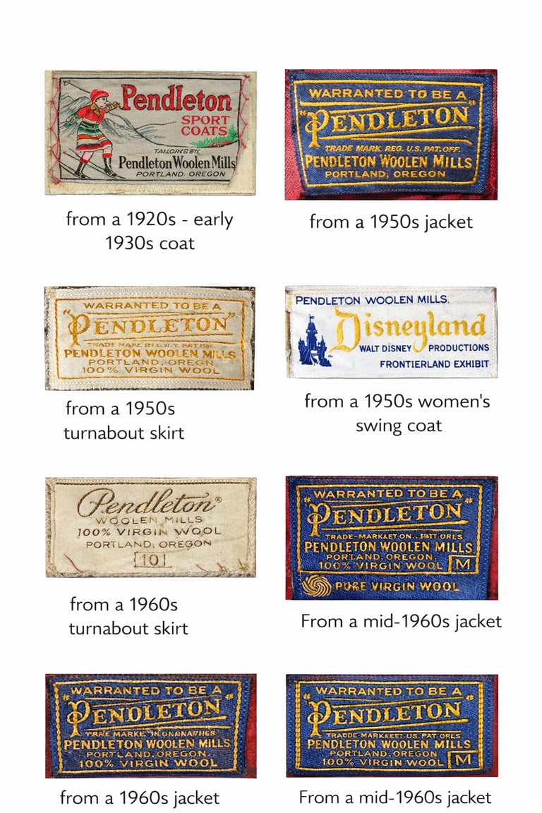 Vintage Pendleton Woolen Mills clothing labels guide featuring tags from 1920s to 1960s wool garments.