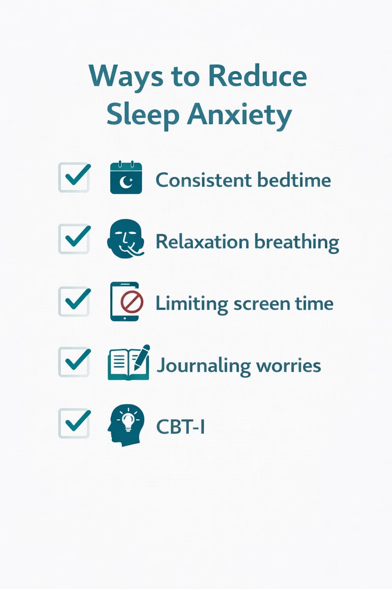 Infographic showing ways to reduce sleep anxiety through routine, breathing, and CBT-I.