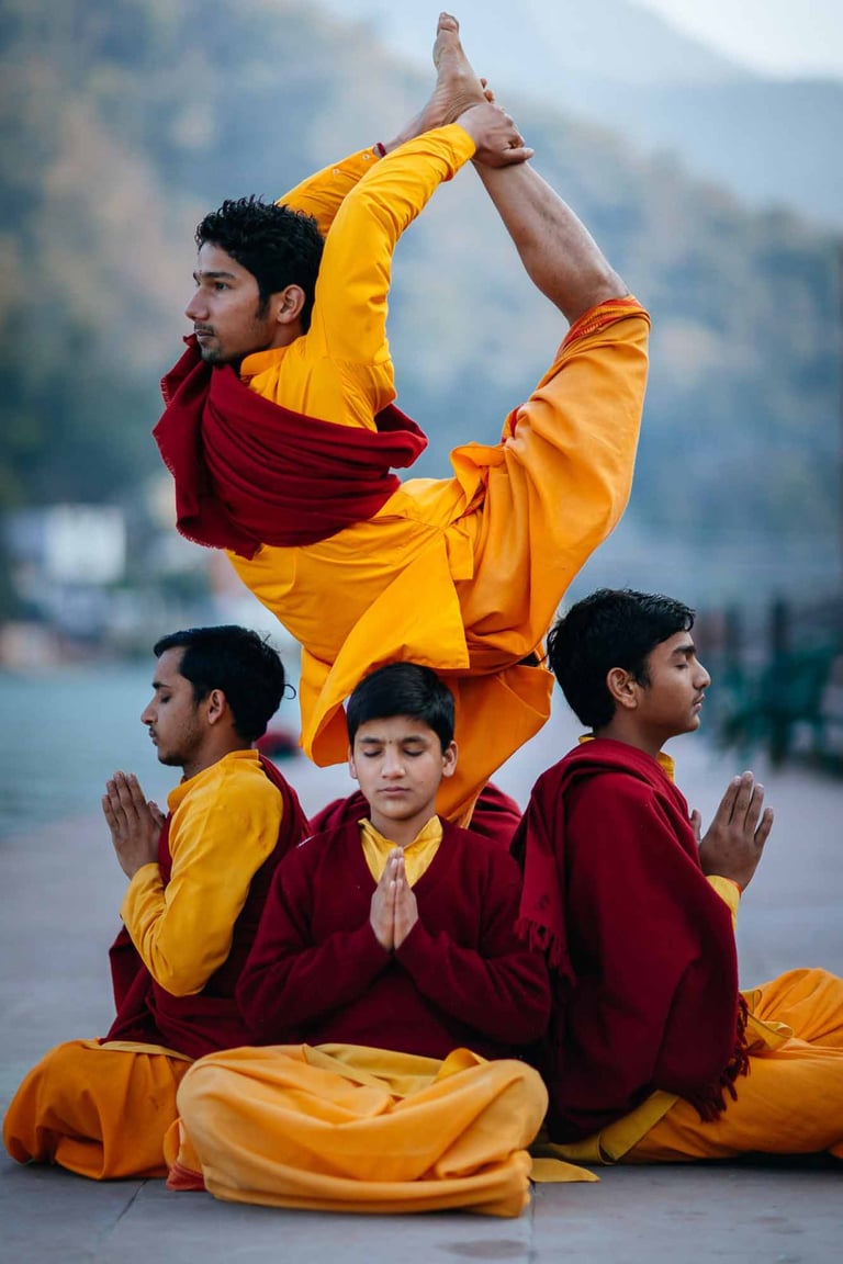 Young students performing yoga at Parmarth Niketan Ashram in Rishikesh