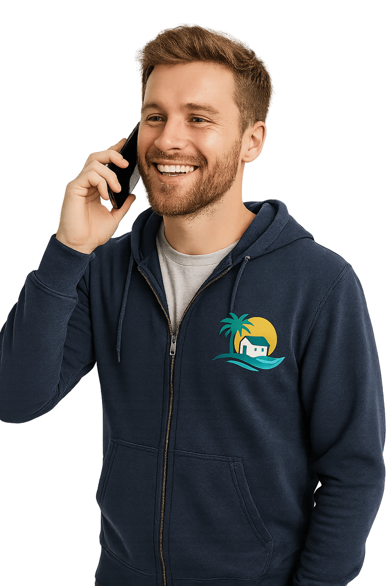 a man EGPR 83 in a blue jacket talking on a cell phone