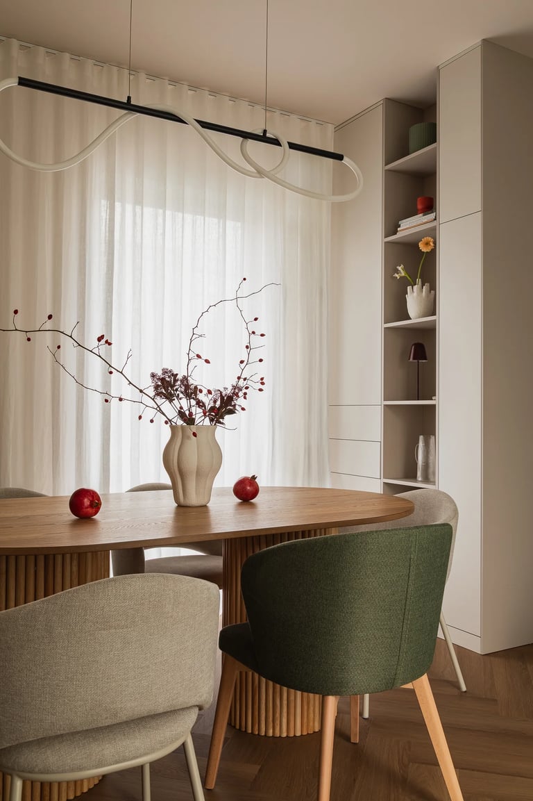 Drewniany stół na ryflowanej nodze, zielone krzesła i designerska lampa.