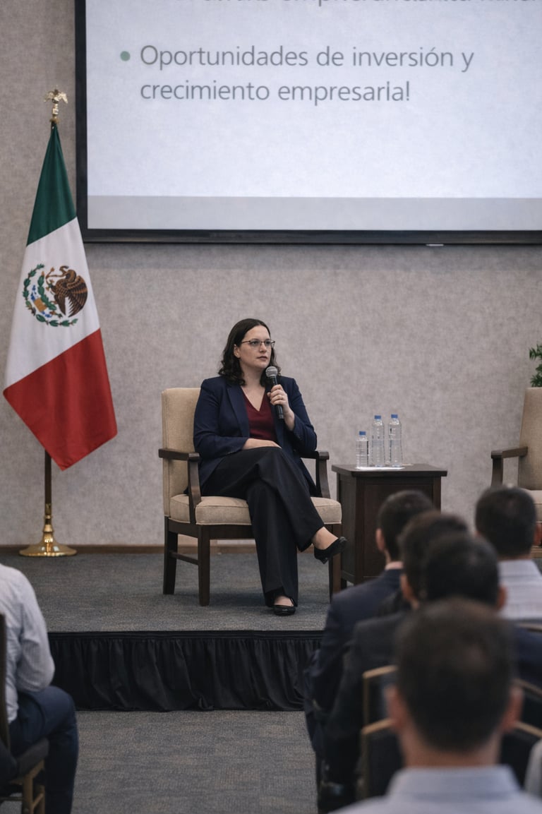 A female speaker discusses investment and business growth at a seminar in Mexico.