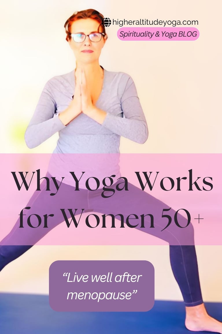 A woman practicing a yoga pose for menopause wellness and fitness for women over 50.