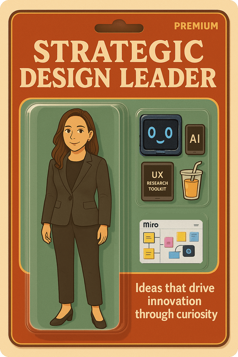 A toy action figurine package with UX accessories with the title "Strategic Design Leader".