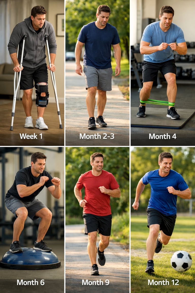 Timeline de rééducation du LCA : de la béquille au sport, progression mois par mois de 0 à 12 mois
