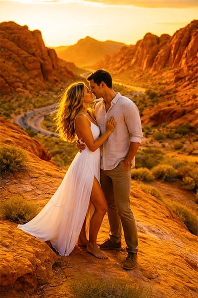 Couple embracing at sunset for engagement photos in a scenic red rock canyon valley.