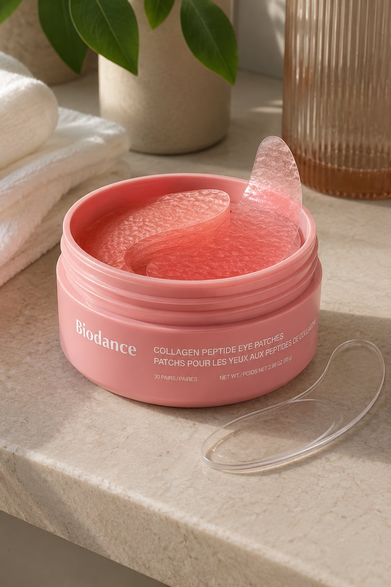 Biodance Collagen Peptide Eye Patches in a pink jar with hydrogel masks for skincare and anti-aging.