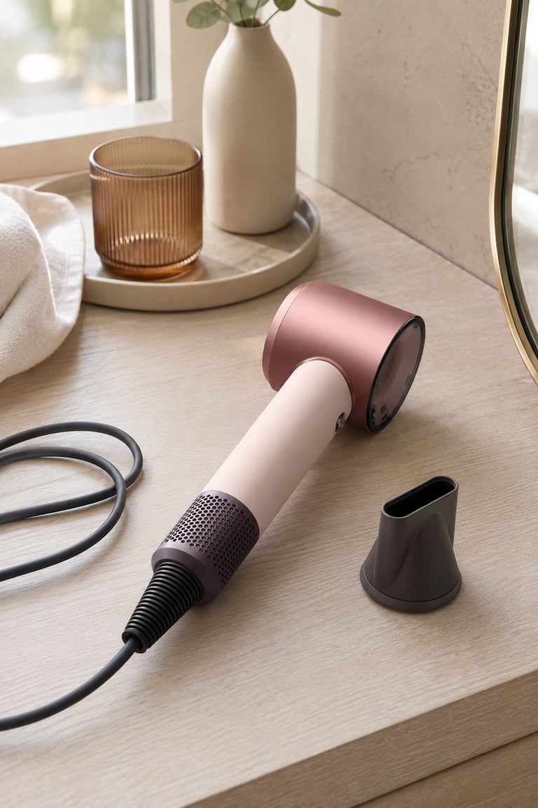 Professional pink and rose gold ionic hair dryer with styling nozzle on a bathroom vanity.