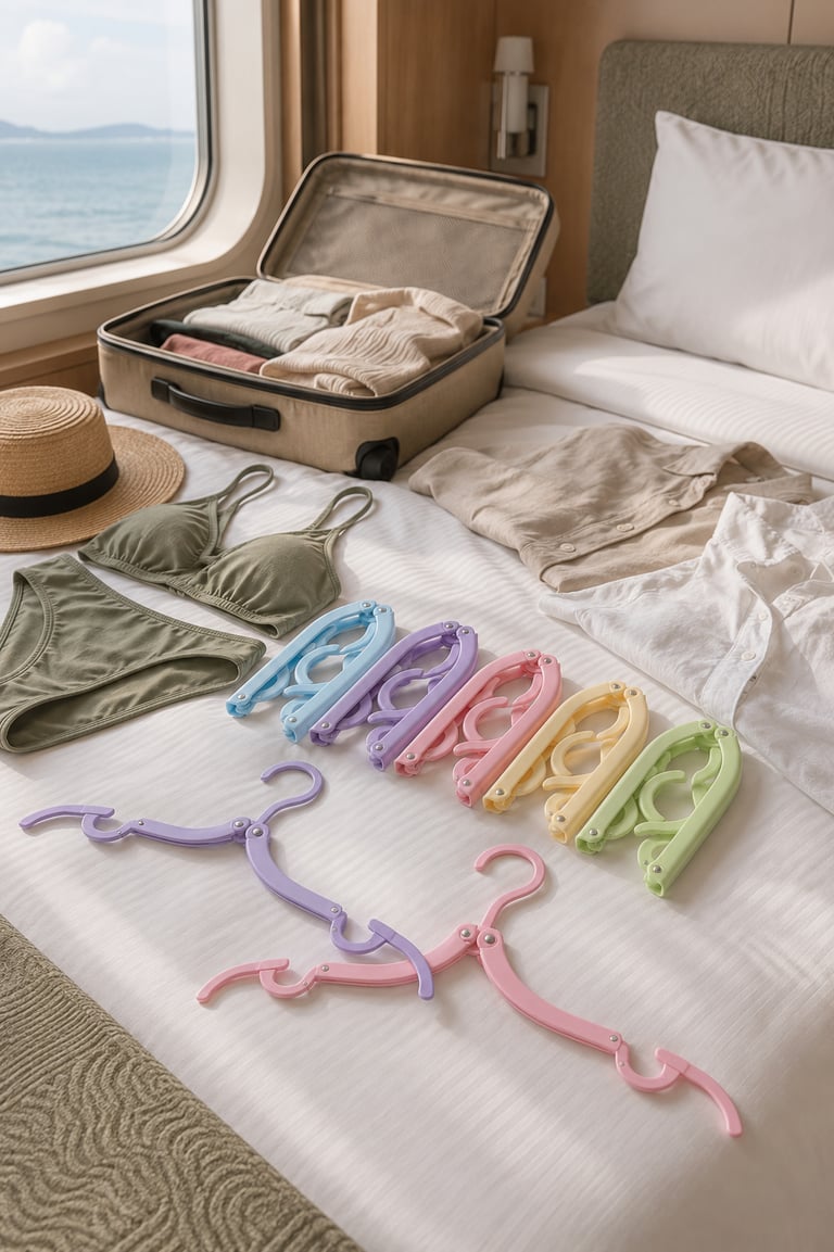 Colorful folding travel hangers and swimwear laid out on a hotel bed next to an open suitcase.