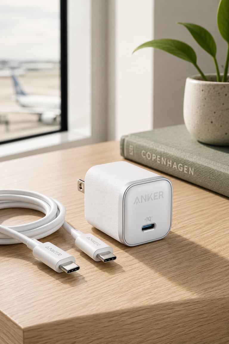 Anker USB-C fast charger wall plug and white charging cable on a wooden desk near an airport window.