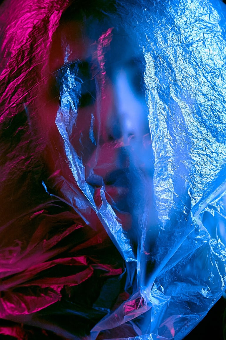 Cinematic portrait of a person behind plastic wrap with blue and pink neon lighting.