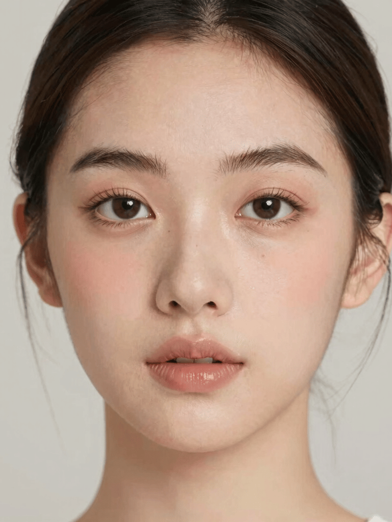Portrait of a woman with dewy skin, natural makeup, and slicked-back hair.