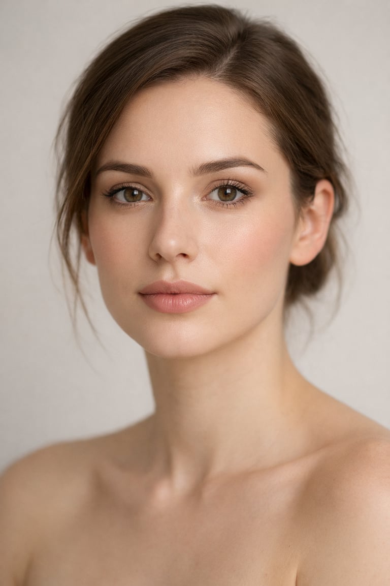 Portrait of a woman with natural makeup and glowing skin featuring neutral tones and an elegant updo.